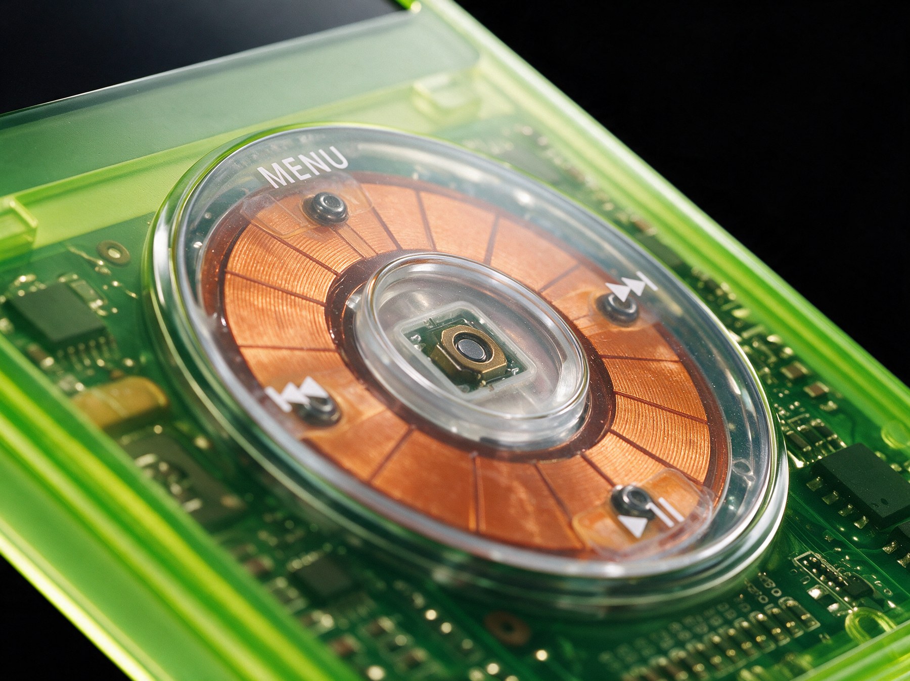 Frost &mdash; macro detail, translucent neon green iPod Classic.